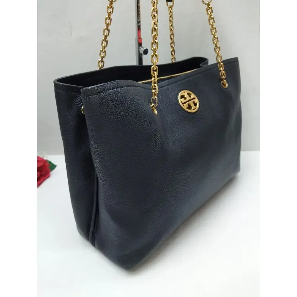 Tory Burch Black Pebbled Leather Chain Double Handles Tote Bag